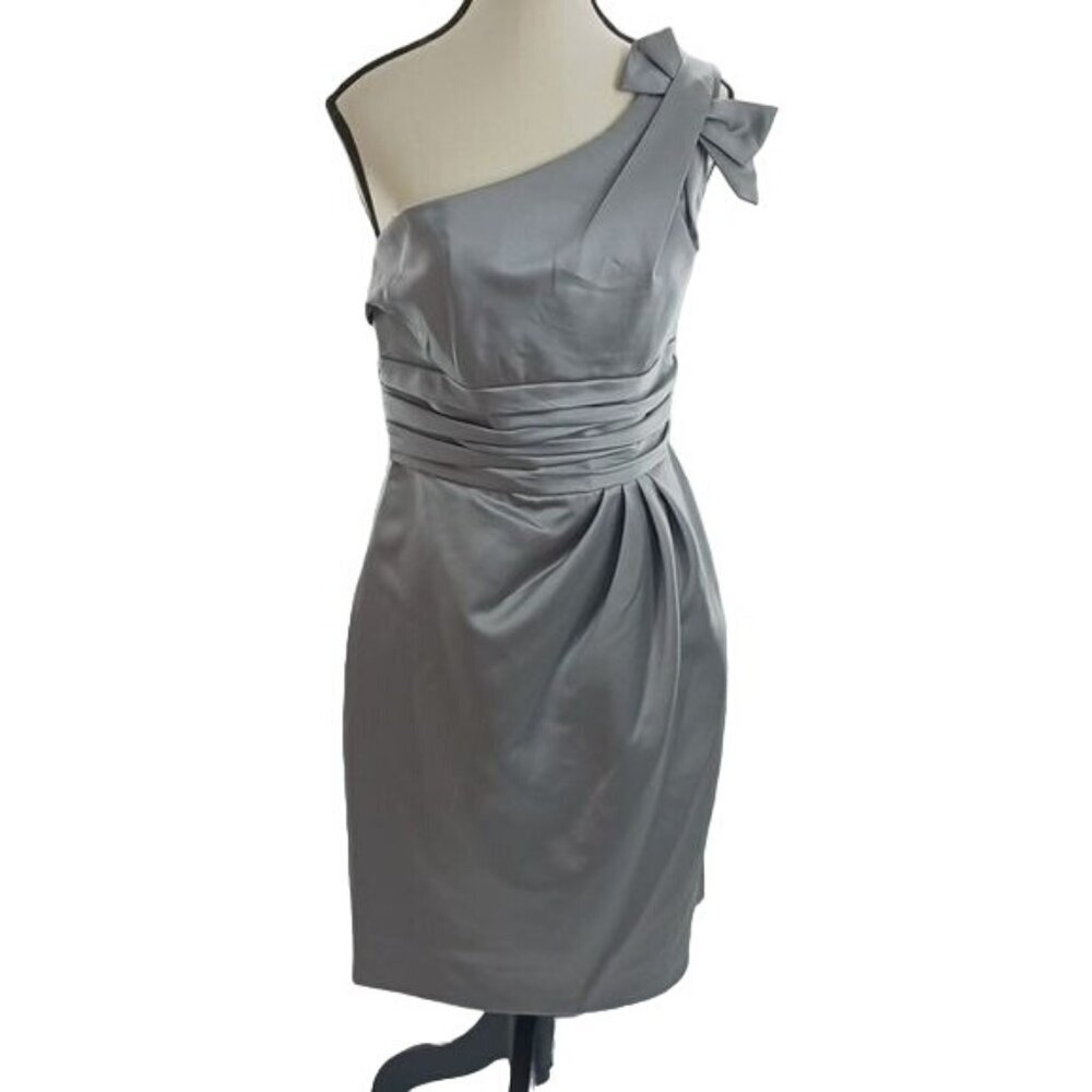 David's Bridal Dress Womens Size 6 Silver One Shoulder Ruched Satin Bow Formal